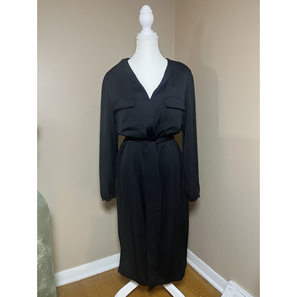 Alfani Shirtdress Women's Black Shimmery Satin Utility Dress Belted V-neck Large